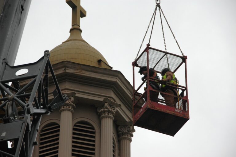 St. Mary's Catholic Church, Nashville, men inspecting bell tower, Historic Restoration