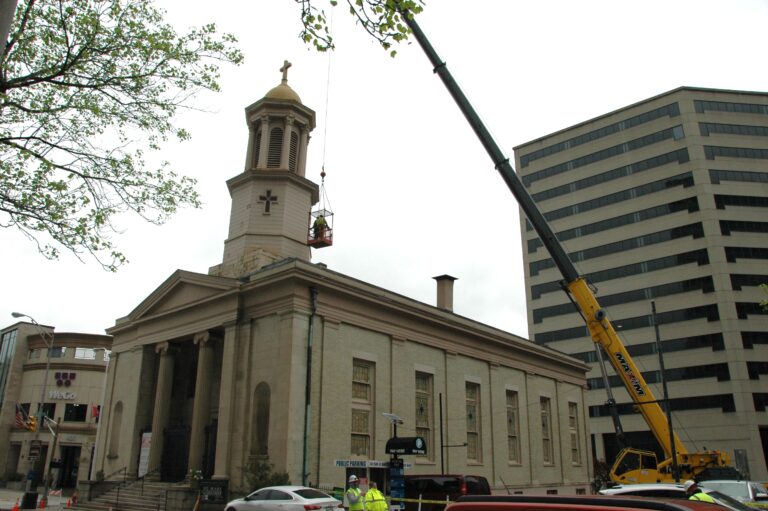 St. Mary's Catholic Church, Nashville, men inspecting bell tower, Historic Restoration