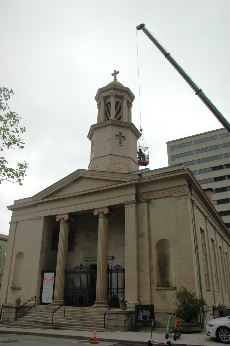 St. Mary's Catholic Church, Nashville, men inspecting bell tower
