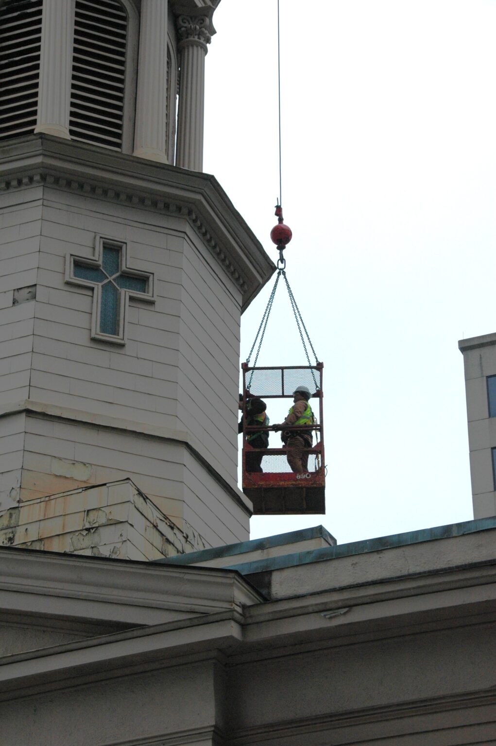 St. Mary's Catholic Church, Nashville, men inspecting bell tower