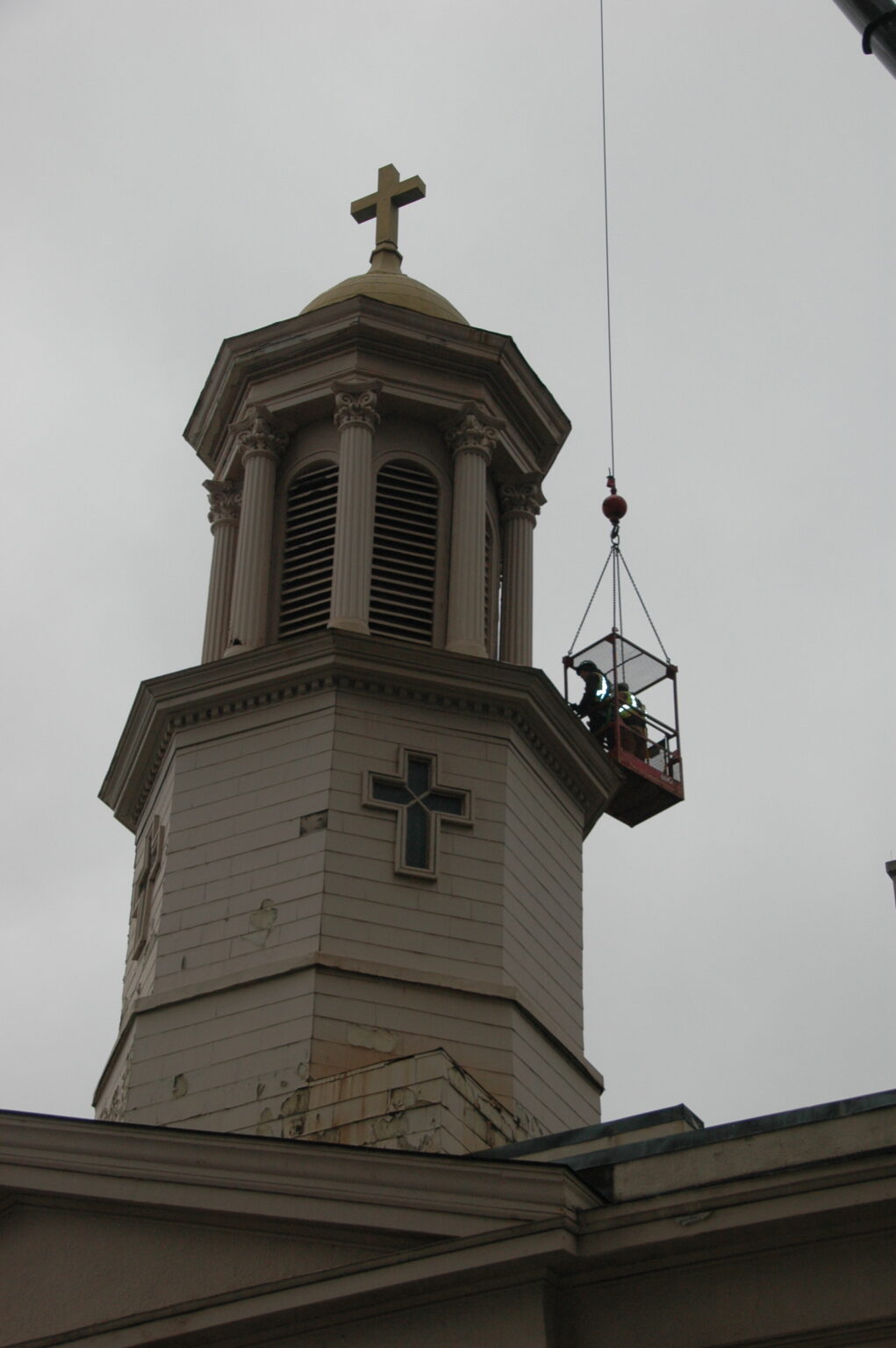 St. Mary's Catholic Church, Nashville, men inspecting bell tower